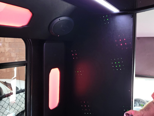 Front placement of this Rockford Fosgate 6x9 speaker installed in the front of this limo bus.