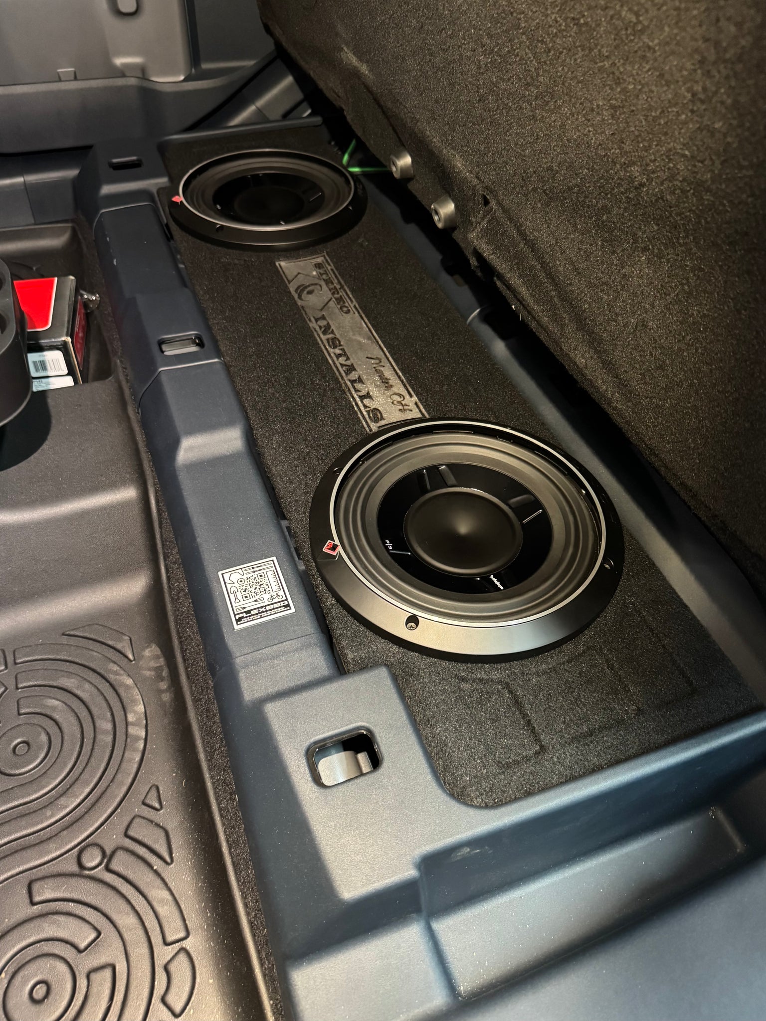 Ford Maverick Truck that we just installed the latest SIX Series Underseat Subwoofer enclosure.  Built with Rockford Fosgate P3S Subwoofers.  Complete with optional LASER CUT Stainless steel name plate.  Custom artwork available here too.
