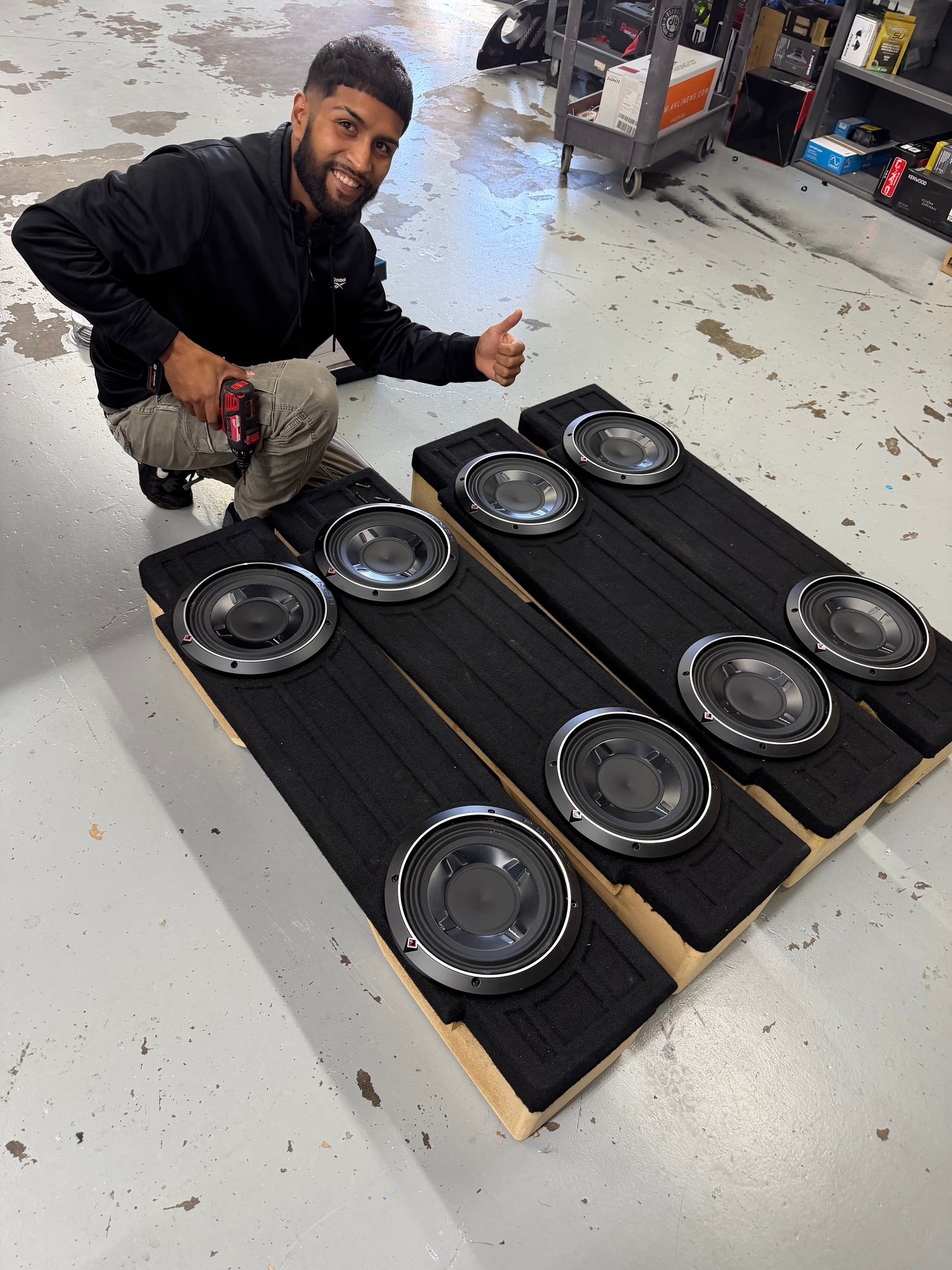 Eliceo at Stereoinstalls.com completing the SIX Series Enclosure builds.  Final stages before packaging to fulfill the online orders coming in for these enclosures built for Ford Mavericks