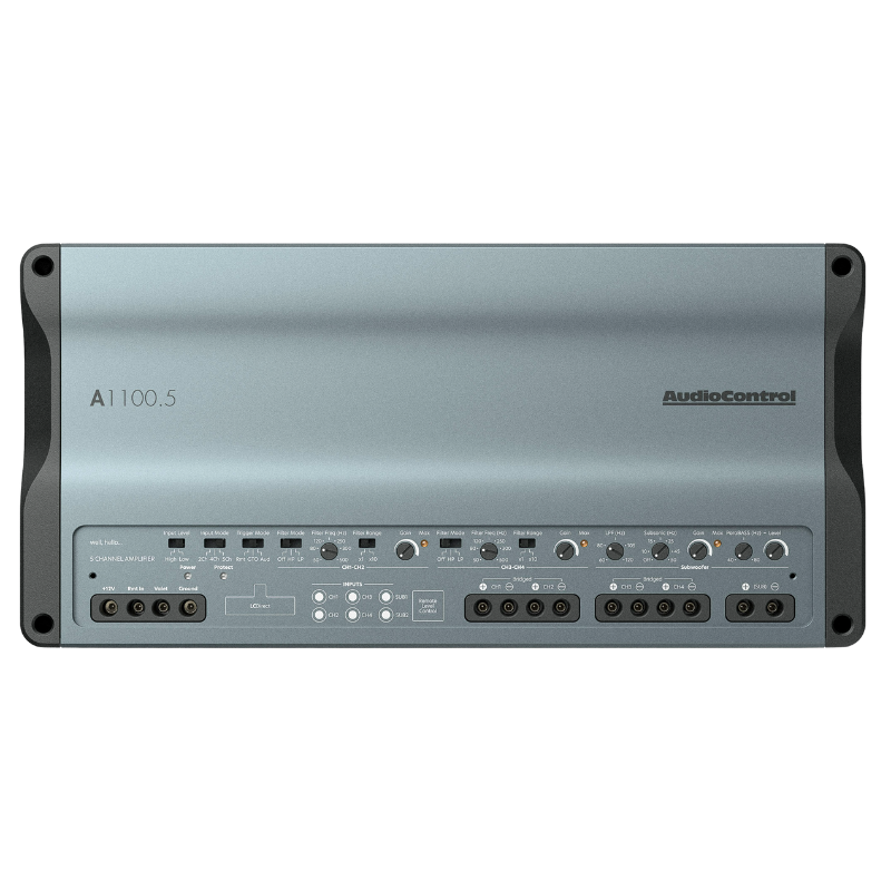 AudioControl A1100.5 amplifier front view with control panel door open showing tuning knobs.
