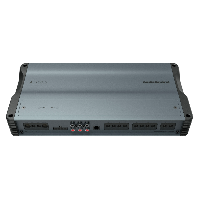 Angled front view of AudioControl A1100.5 Altitude amplifier highlighting modern design.