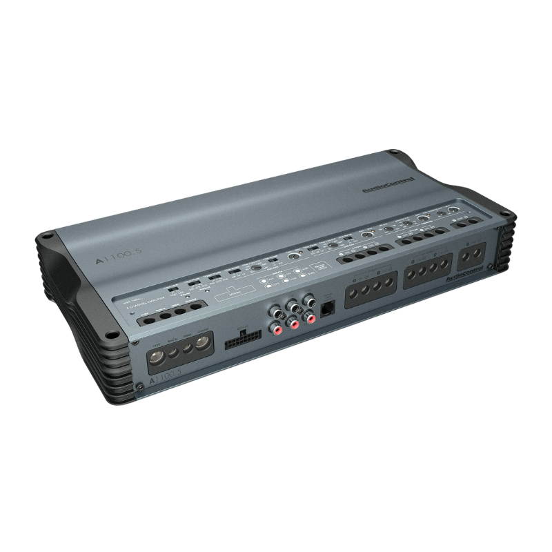 Angled rear view of AudioControl A1100.5 amplifier highlighting wiring connections and layout.