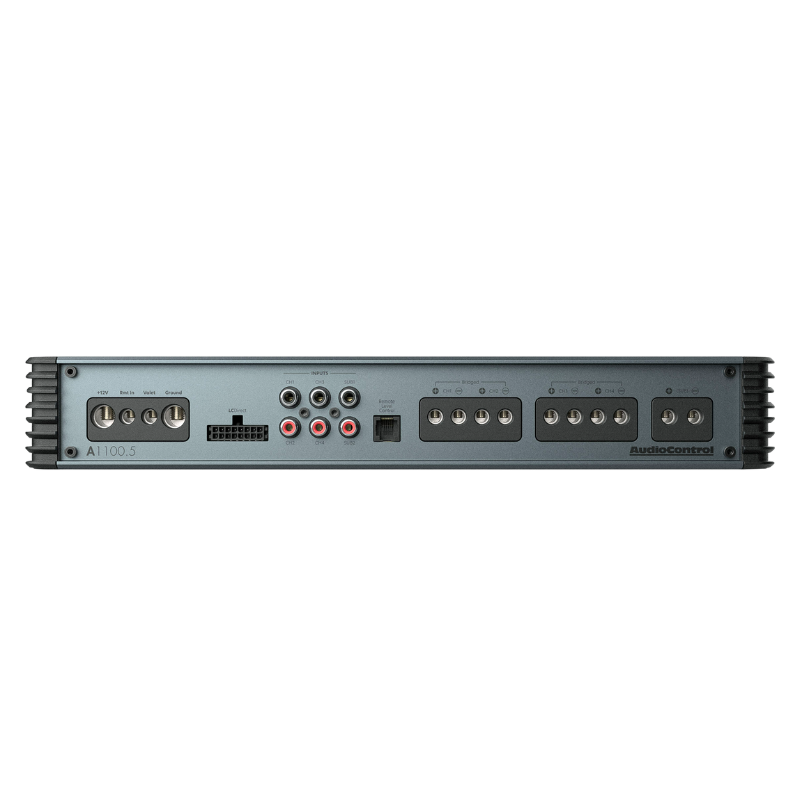 Rear panel of AudioControl A1100.5 with RCA inputs, speaker terminals, and power connections.
