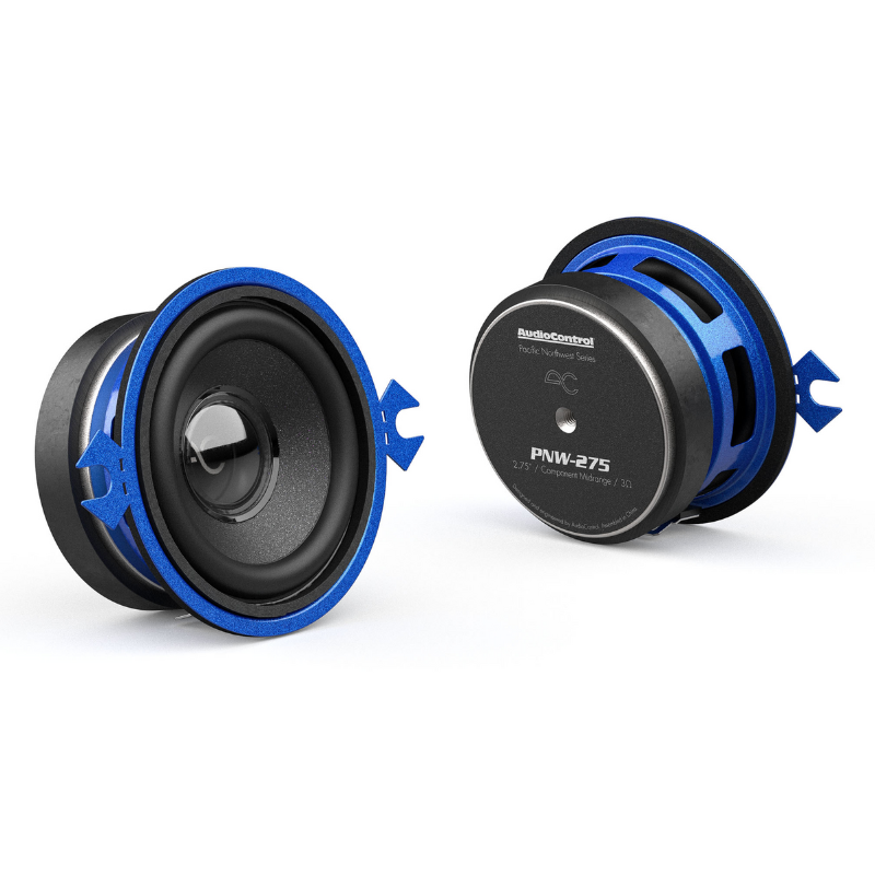 Front and back pair of AudioControl PNW-275 2.75″ component speakers side-by-side.