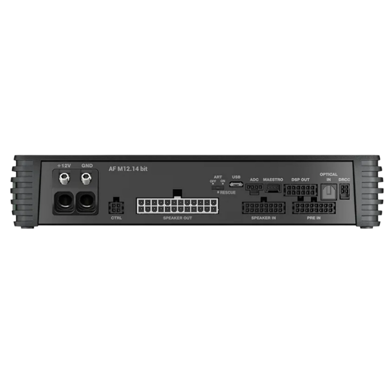 Rear terminal view with speaker outputs and power connections.