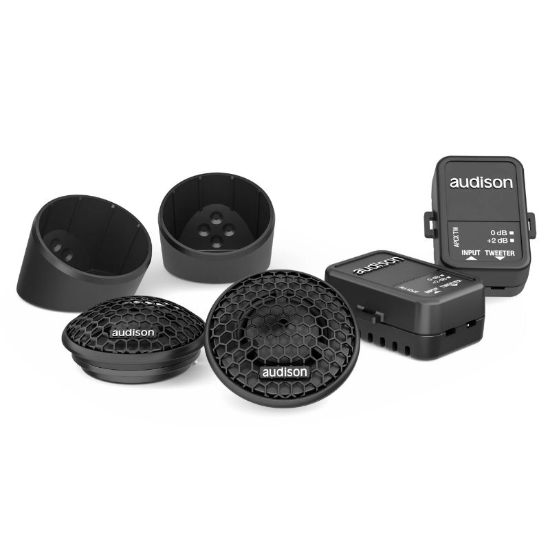 Complete Audison Prima AP 1 tweeter set with grille, crossover, and included accessories.