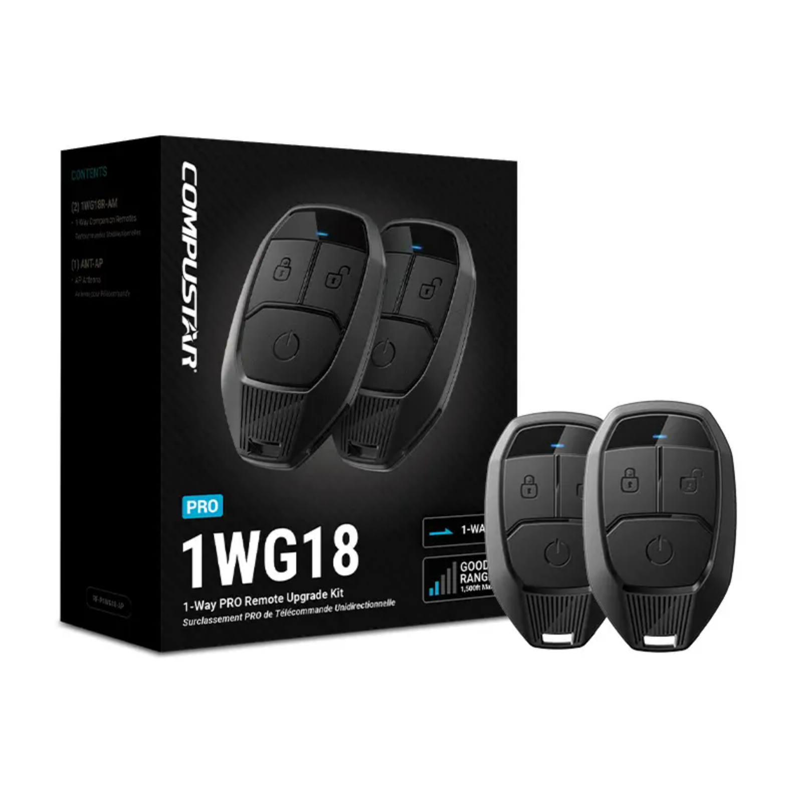 Complete Compustar PRO 1WG18-LTE remote upgrade kit shown with packaging and included components.