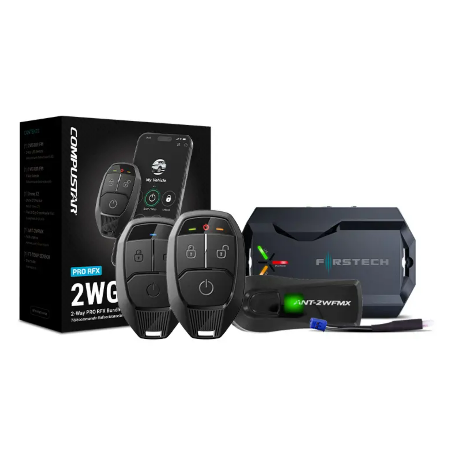 Full Compustar Pro 2WG18 LTE remote start kit including fobs, RFX module, control unit, and all accessories.