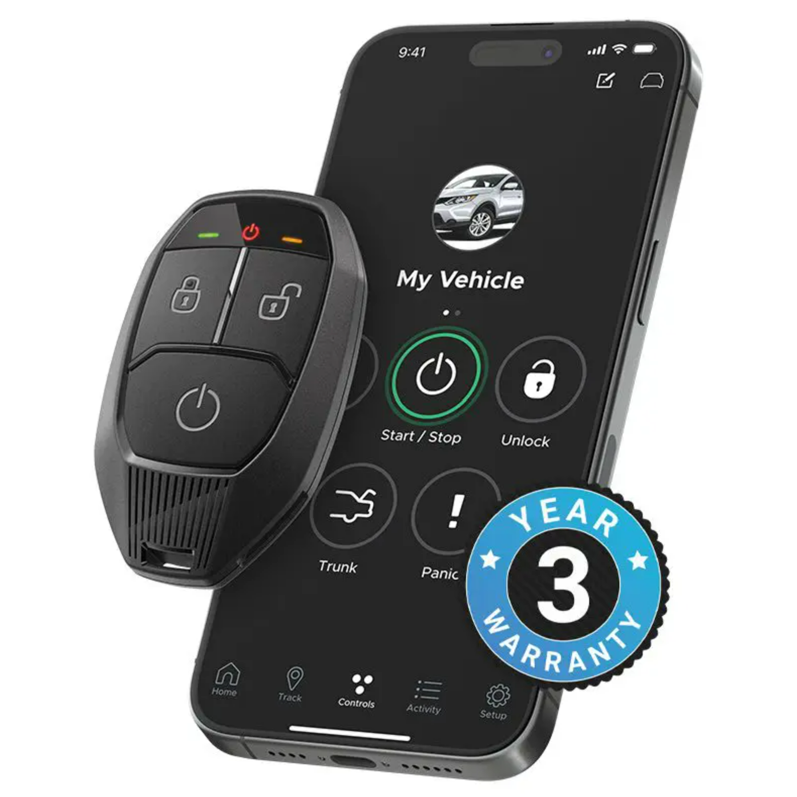 Compustar Pro 2WG18 remote start key fob displayed next to smartphone showing LTE app connectivity.