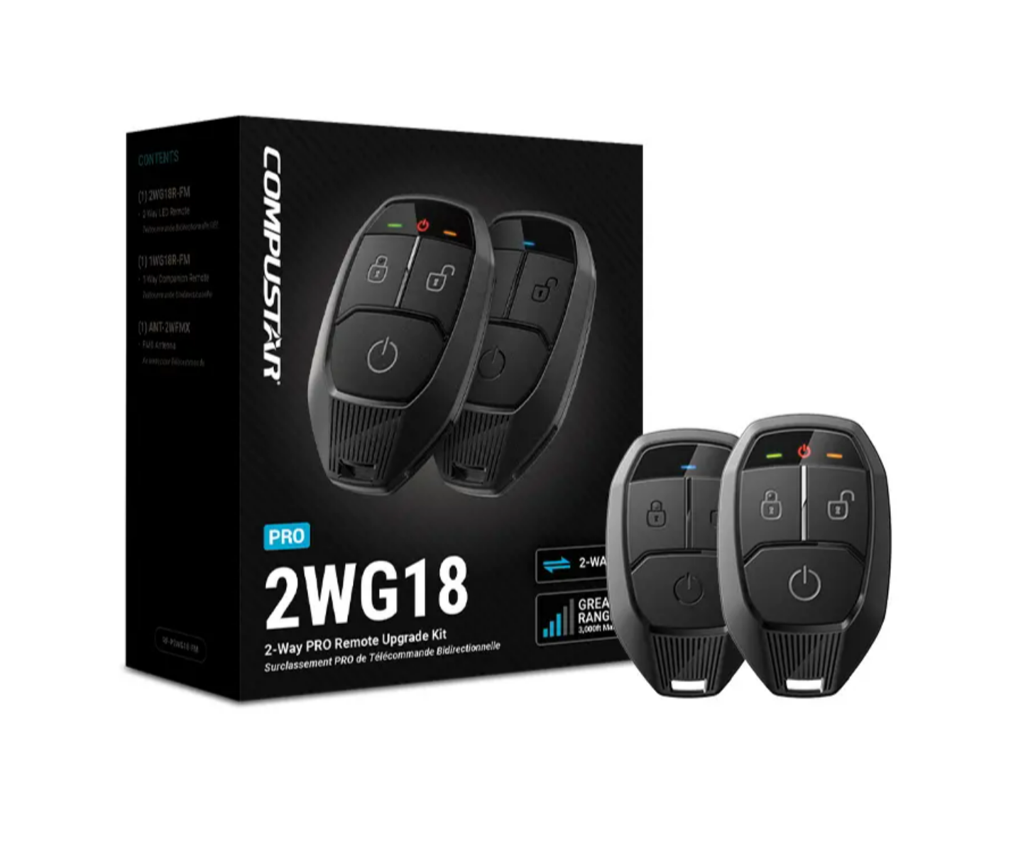 Complete Compustar Pro 2WG18 2-way remote kit including key fob, antenna, wiring, and components.