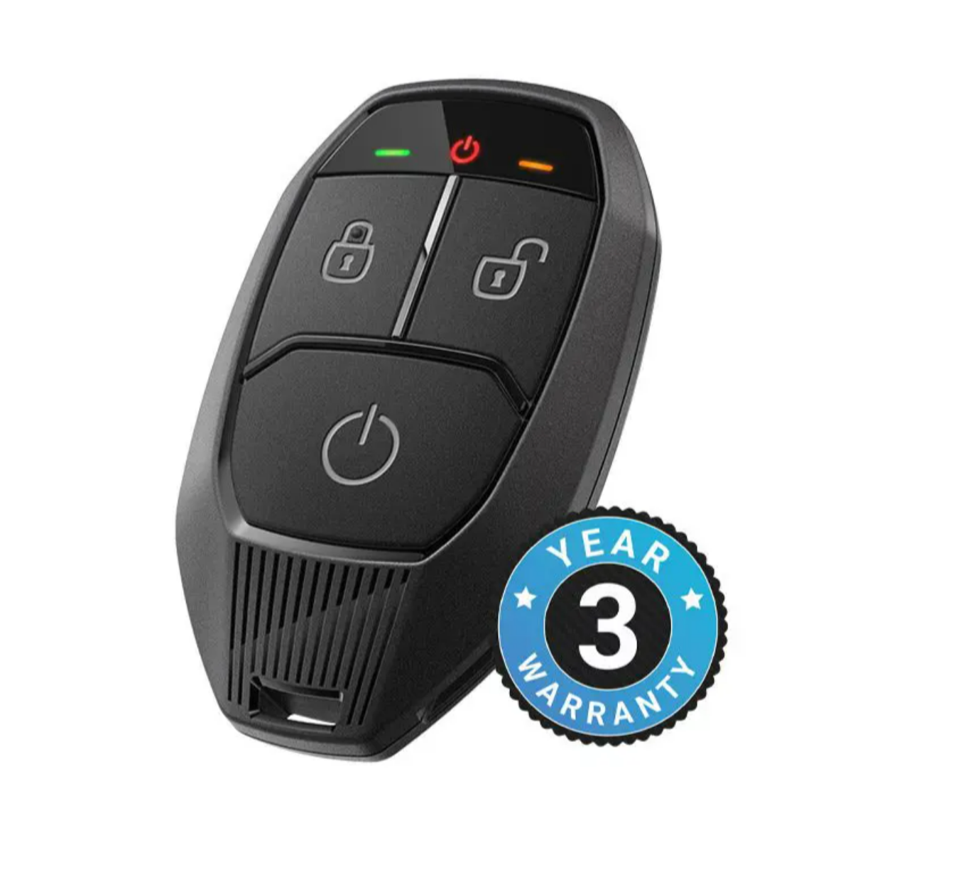Compustar Pro 2WG18 remote start key fob tilted to display 3-year warranty badge.