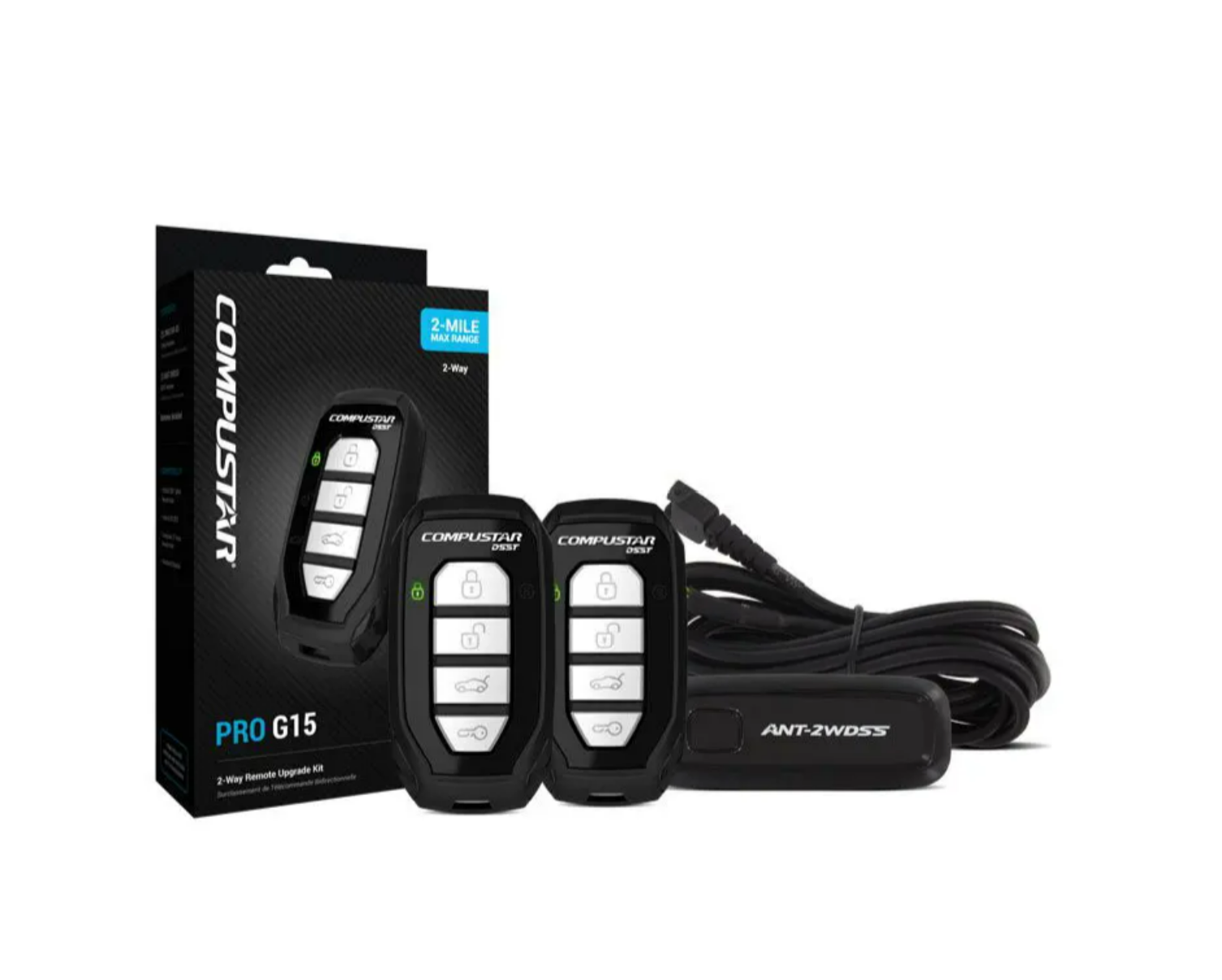 Complete Compustar PRO G15 2-way LED remote start kit including fob, antenna, and installation components.