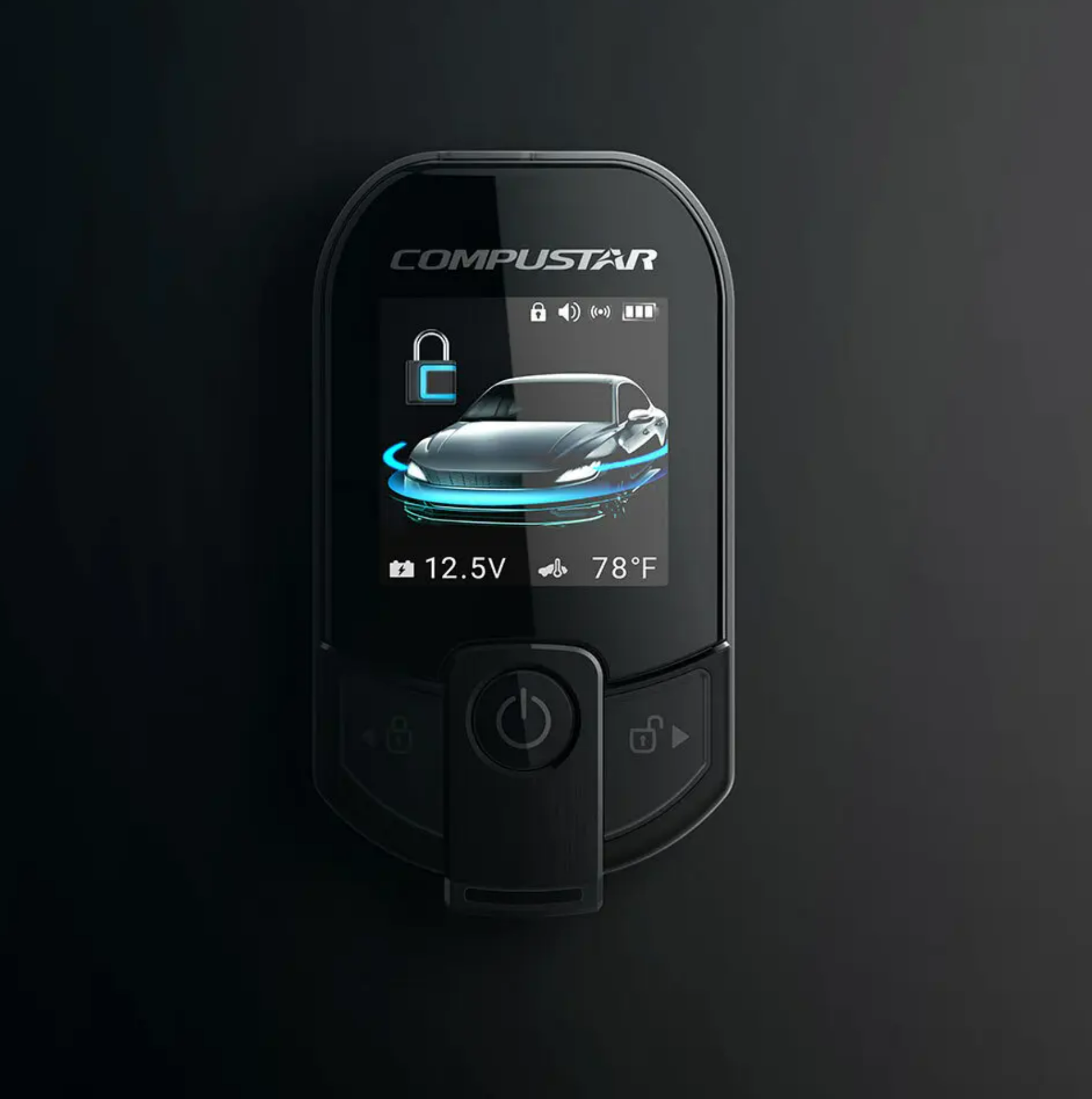 Front-facing view of Compustar remote start fob with bright digital display.