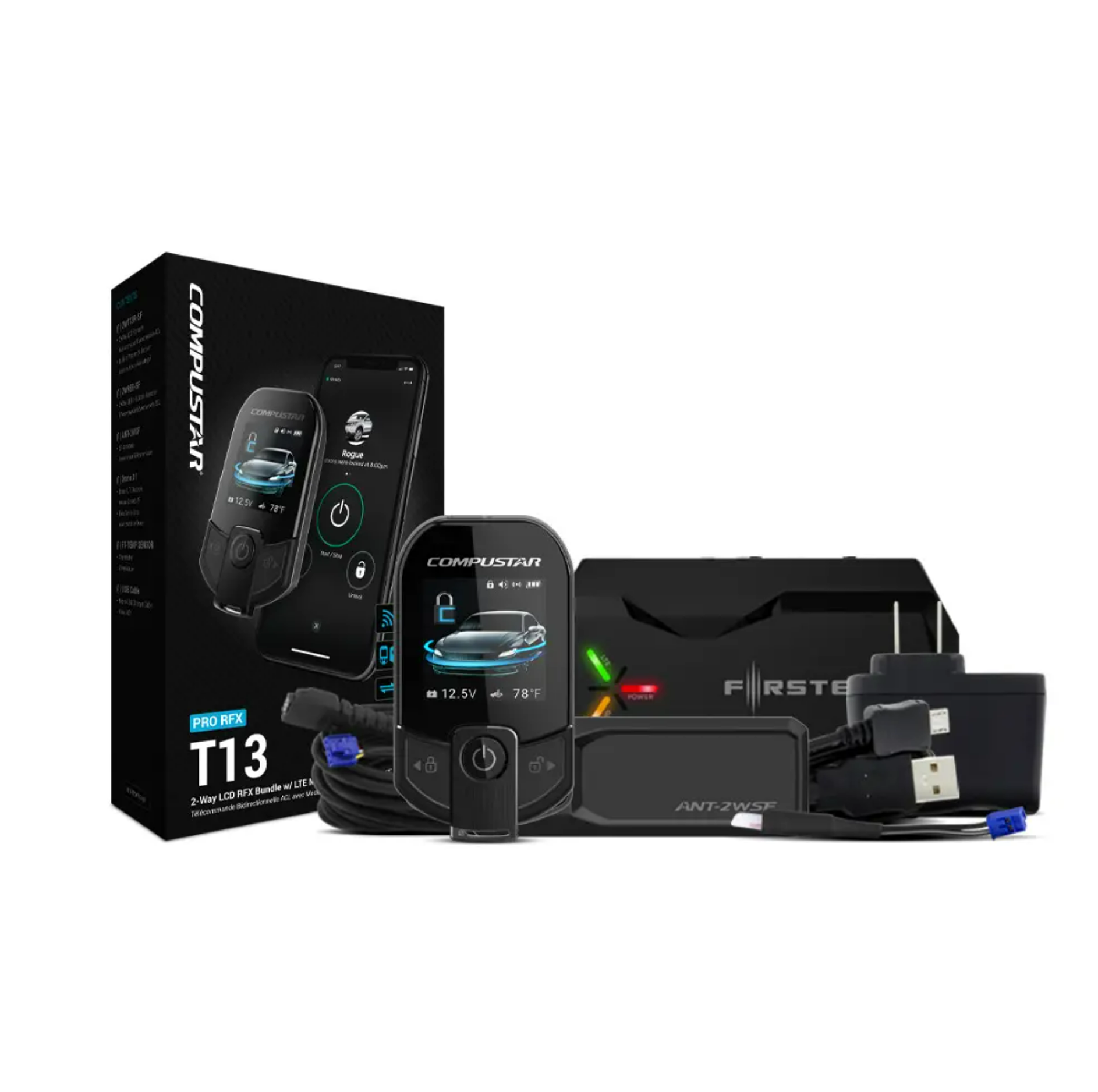 Complete Compustar Pro T13 remote start kit including key fobs, LTE module, and control module.