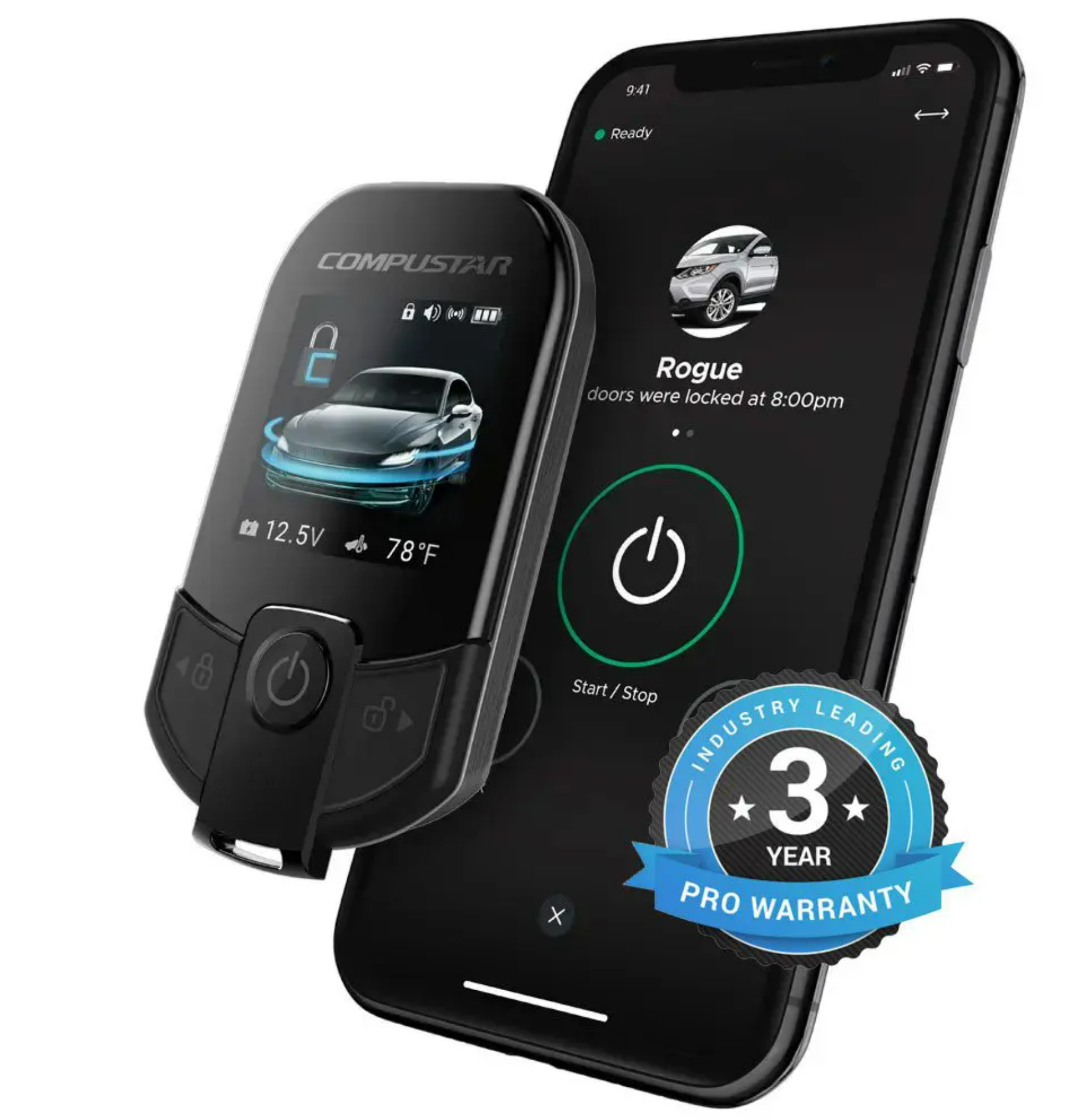 Compustar remote start key fob displaying smartphone connectivity features for vehicle control.