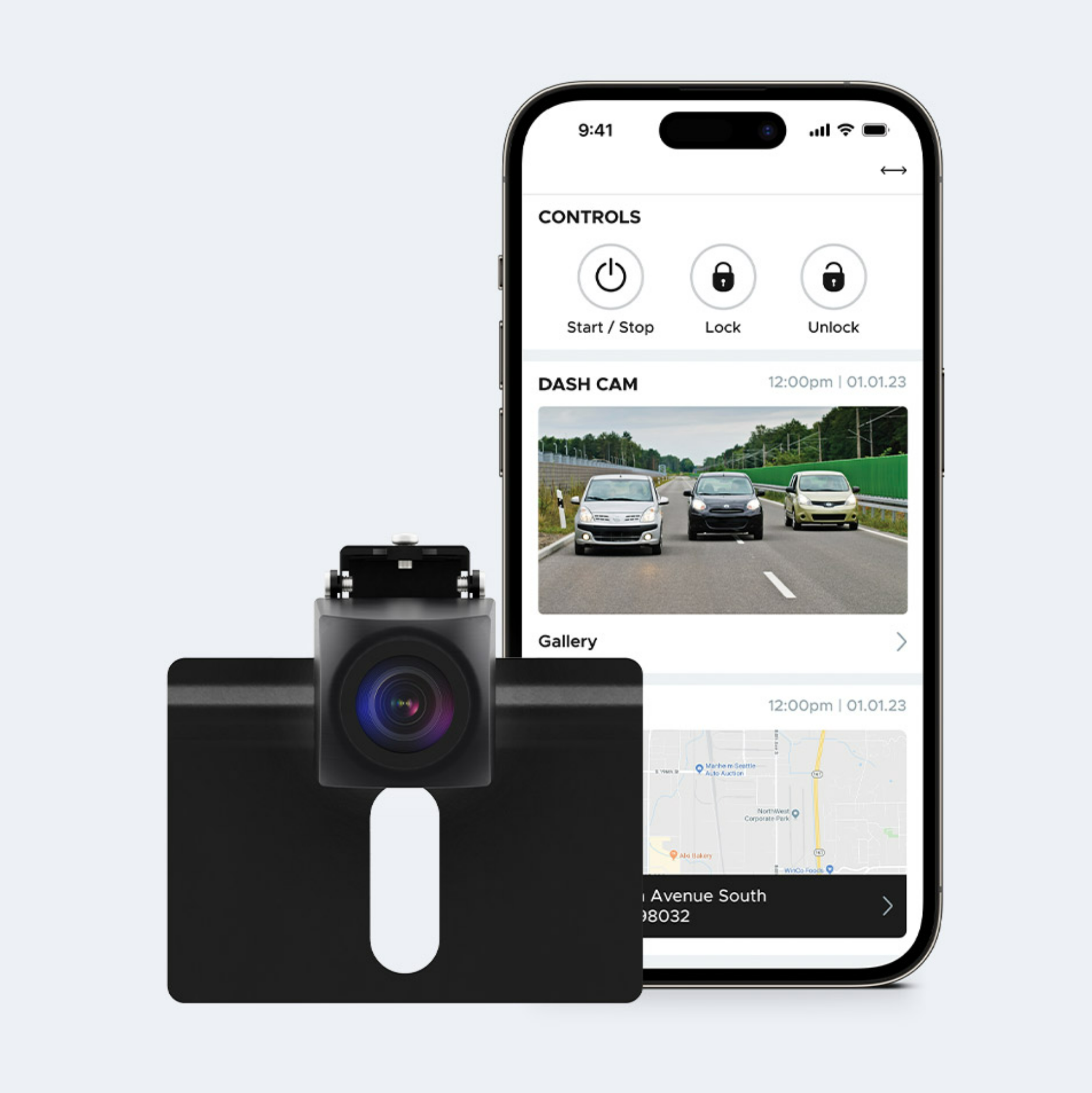 DroneMobile XC‑EC1 exterior camera shown next to smartphone displaying the monitoring app.