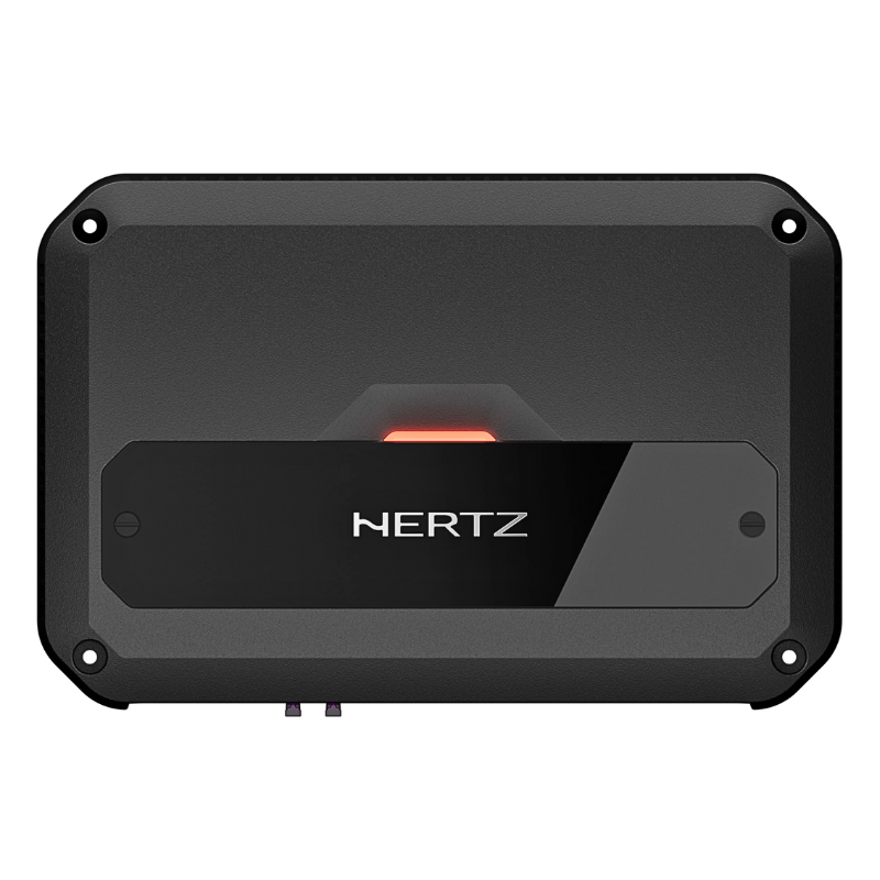 Front view of Hertz CP 1.2K mono amplifier showing aluminum chassis.