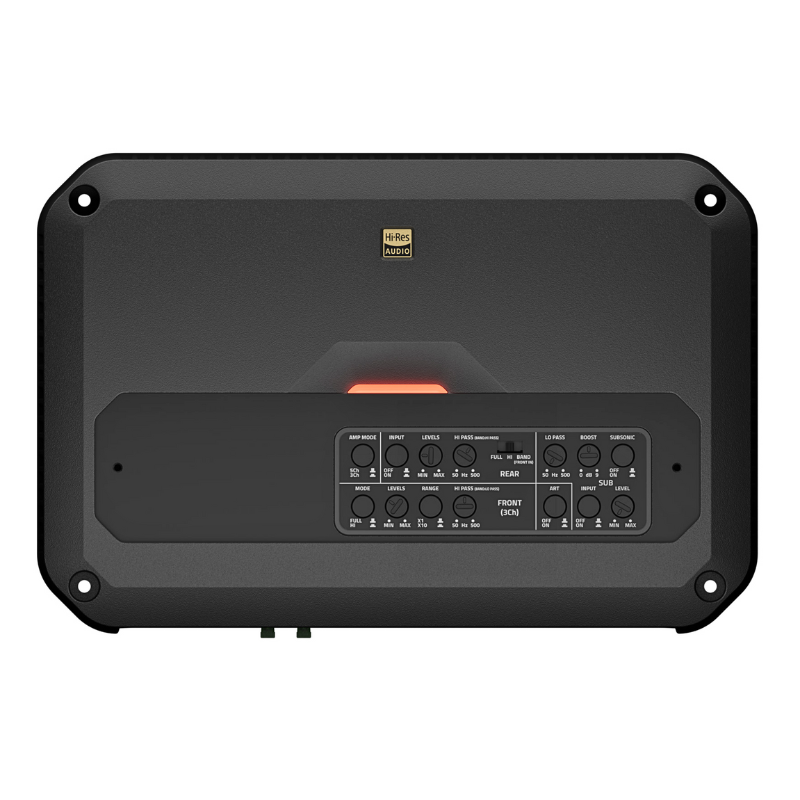 Hertz CP 5.1K amplifier front view with top panel removed showing adjustment controls.