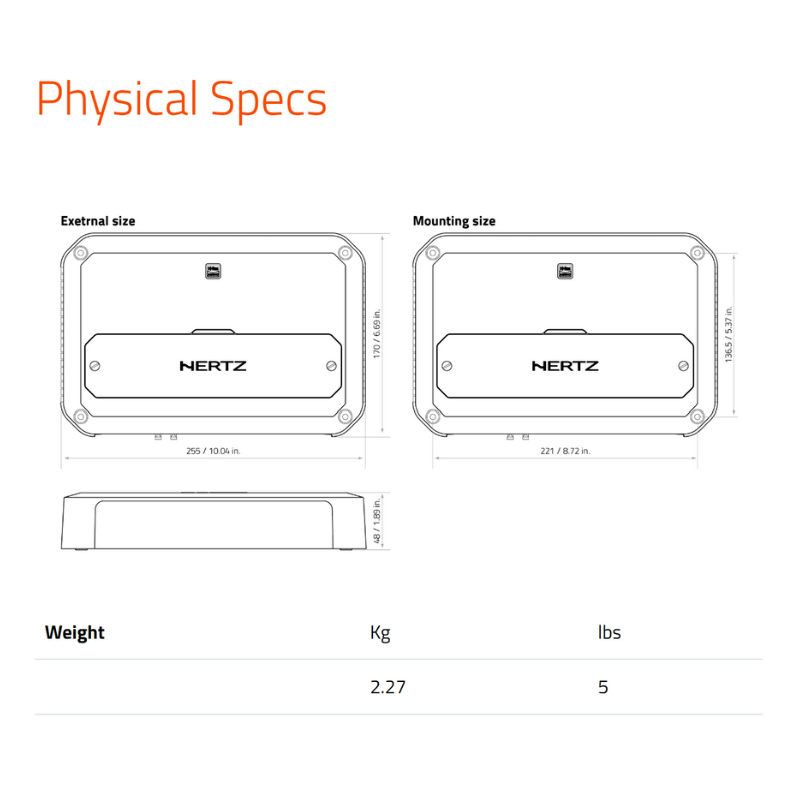 Technical diagram of Hertz CP 5.1K amplifier showing measurement specifications.