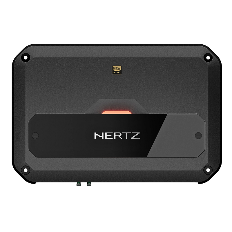 Front view of Hertz CP 5.1K 5-channel Hi-Res Audio amplifier showcasing premium aluminum case design.