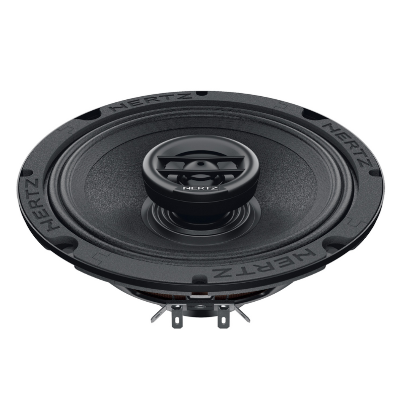 Hertz SX 165 NEO angled view highlighting front coaxial tweeter and rear connection terminals.