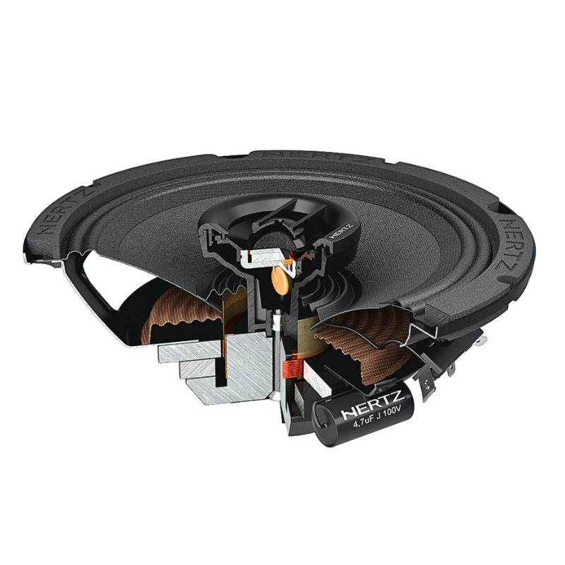 Hertz SX 165 NEO close-up of internal build with voice coil, cone material, and tweeter assembly.