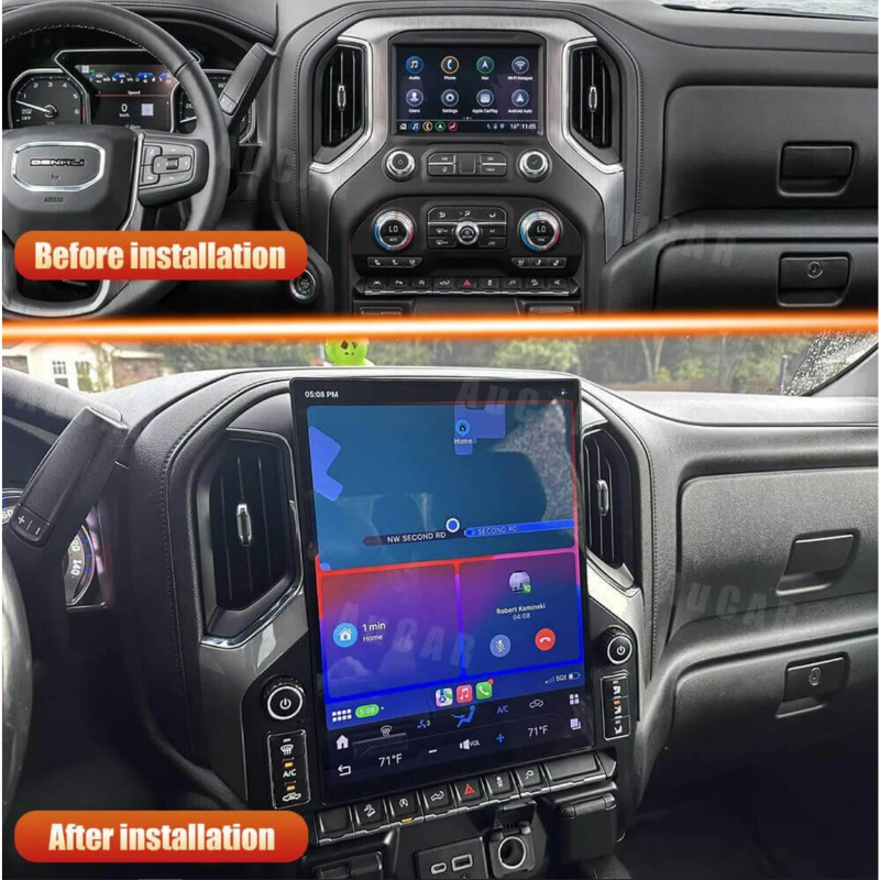 Before and after comparison showing factory radio versus Six Series T-Style touchscreen upgrade.
