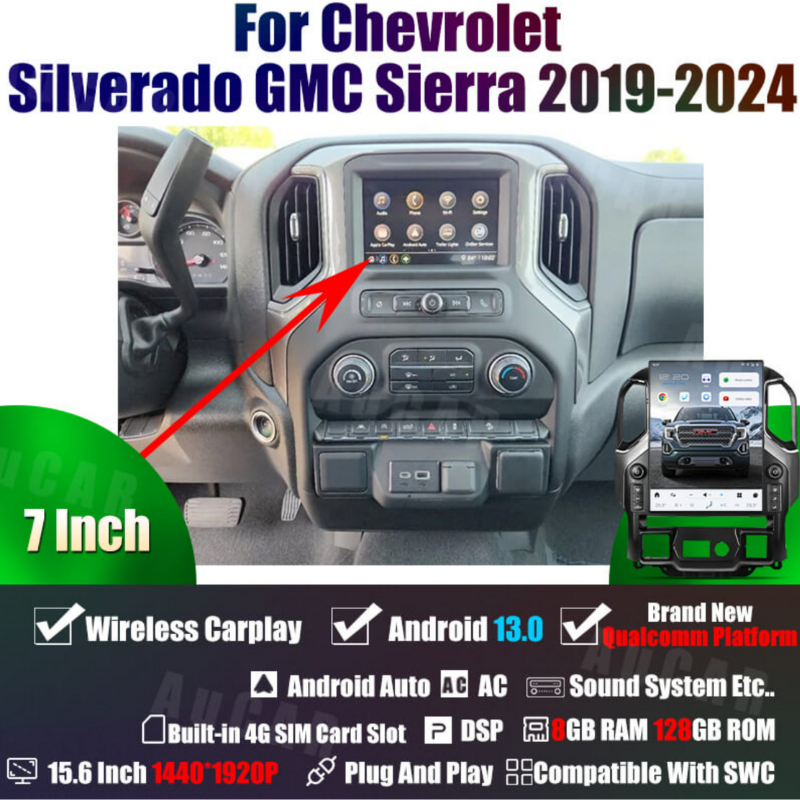 Close-up of factory-installed small radio screen in a 2020 GMC Sierra dash.
