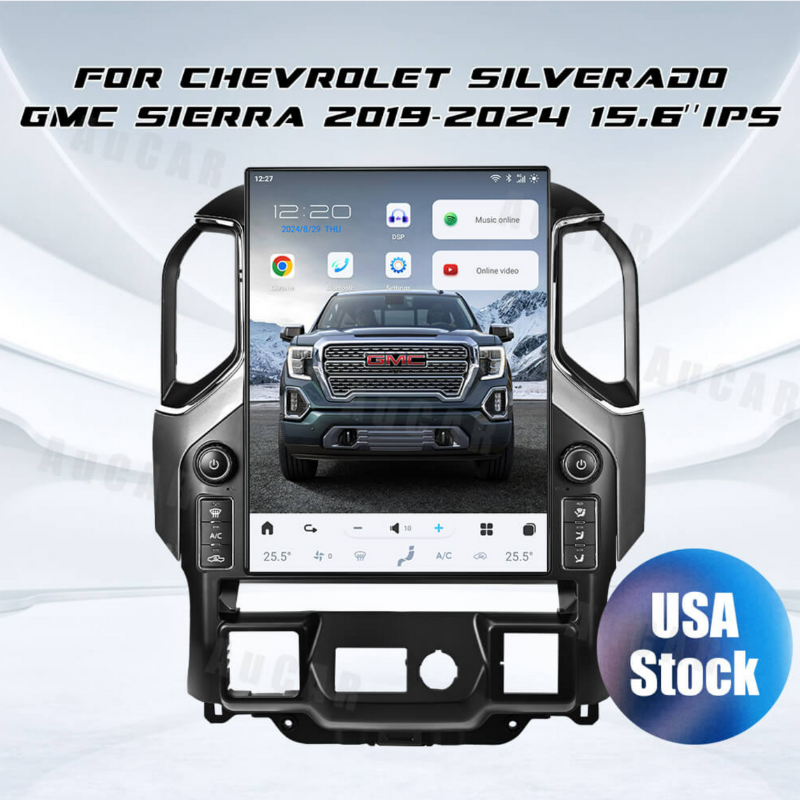 Forward-facing view of the Six Series Android T-Style Radio installed in a 2019–2021 Chevy Silverado.