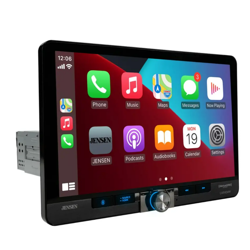 Jensen CAR140MW angled front view showing adjustable floating 10.1-inch screen.