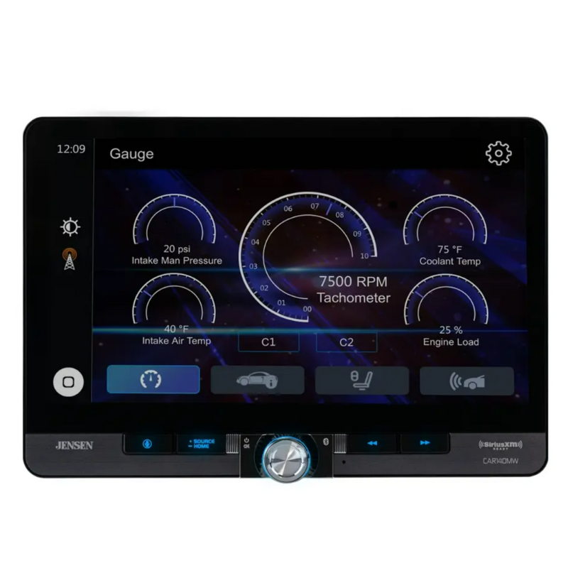Jensen CAR140MW front view with CarPlay navigation and music apps on screen.