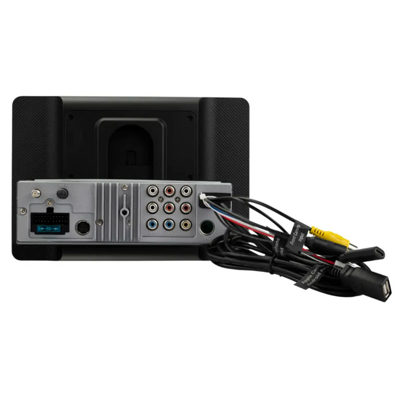 Jensen CAR140MW rear panel with audio outputs, camera inputs, USB ports, and antenna connections.