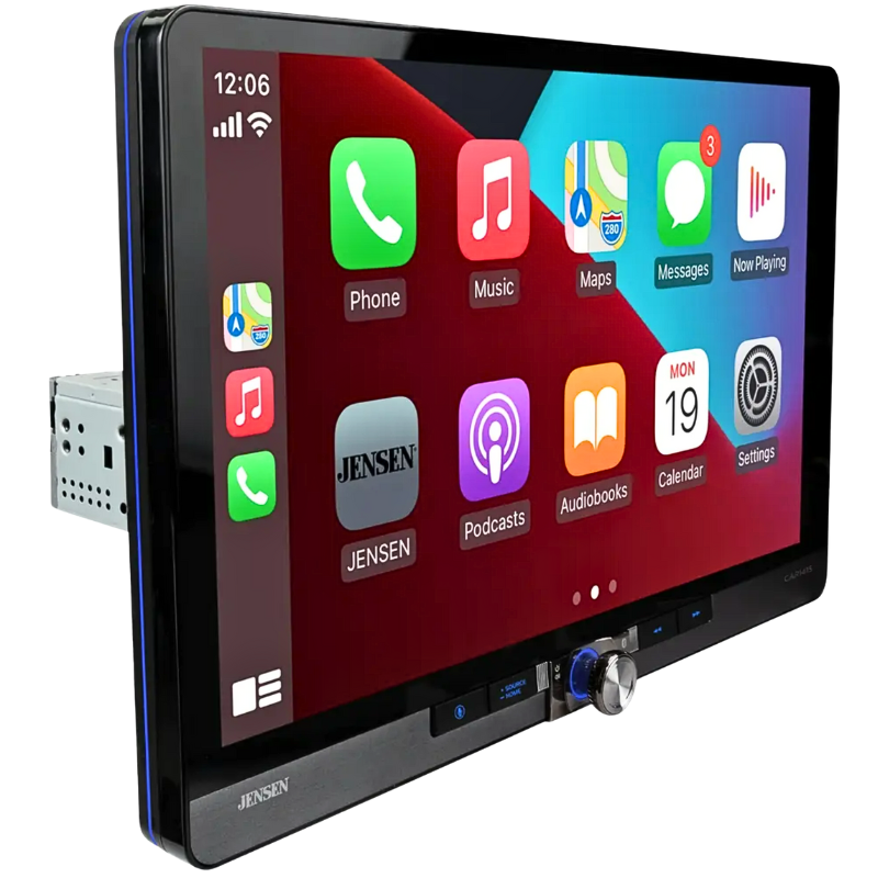 Jensen CAR1415 angled left side front view showing floating 14-inch display and adjustable mount.