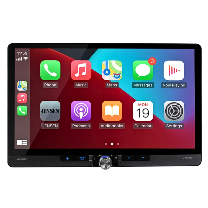 Front Facing: Jensen CAR1415 14-inch touchscreen receiver front view with wireless CarPlay and Android Auto display.
