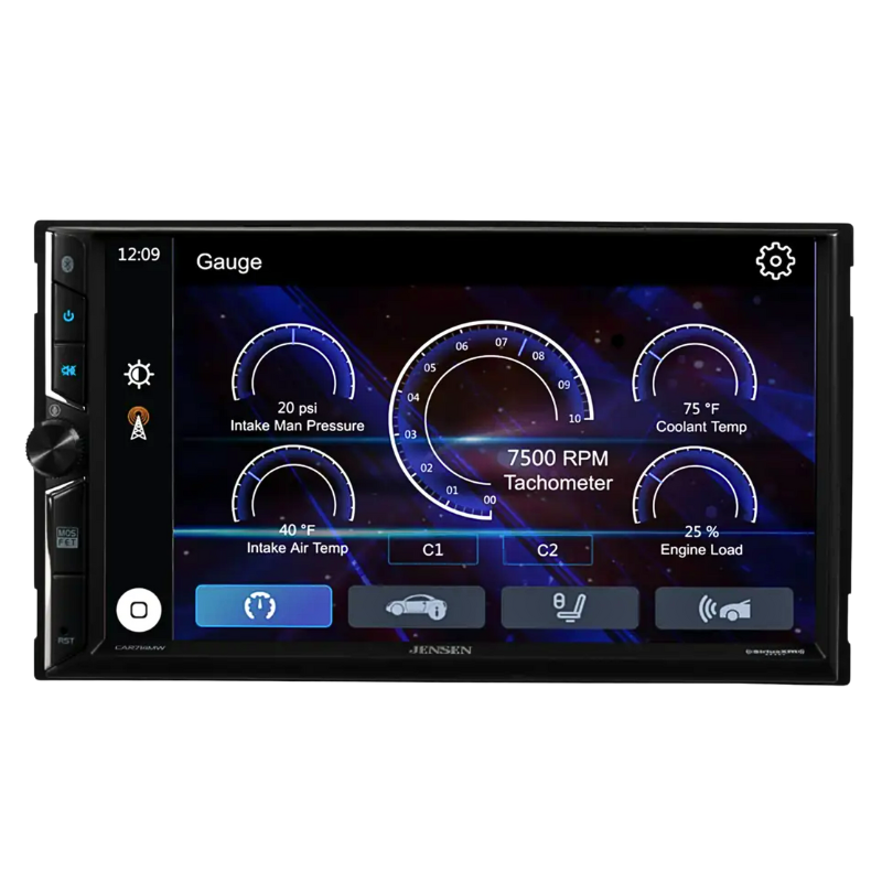 Jensen CAR714MW 7-inch touchscreen displaying CarPlay, Android Auto, and menu options.