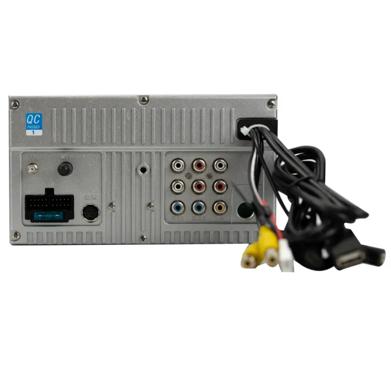 Jensen CAR714MW rear panel with wiring connections, camera inputs, USB ports, and antenna input.
