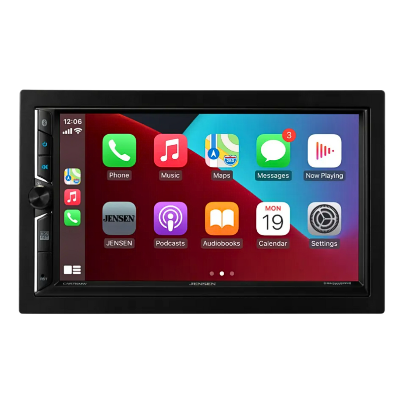 Jensen CAR714MW 7-inch touchscreen car stereo front view with sleek black bezel.