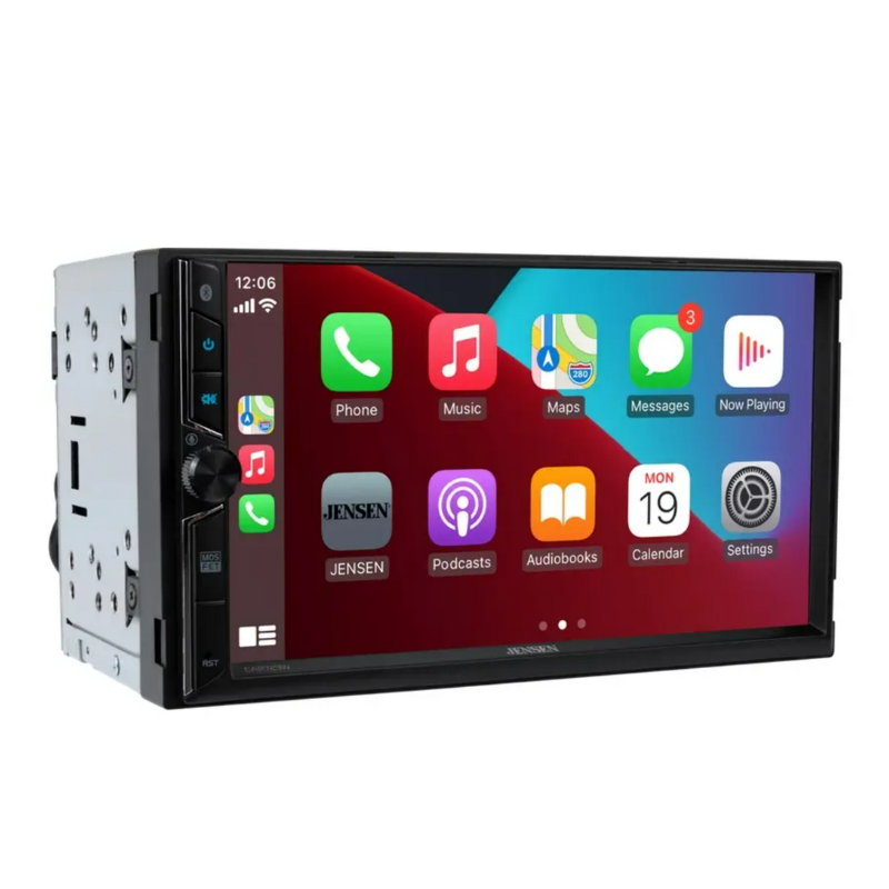 Jensen CAR723W-CAM angled front side view showing touchscreen display and controls.