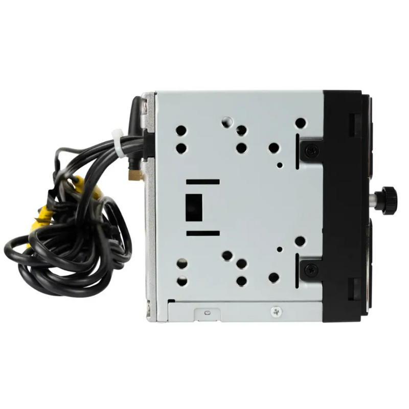 Jensen CAR723W-CAM side profile highlighting slim chassis depth for easy installation.
