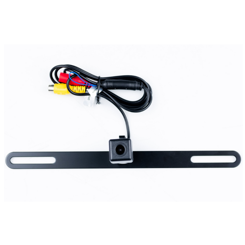 Jensen CAR723W-CAM license plate–style backup camera with mounting bracket.
