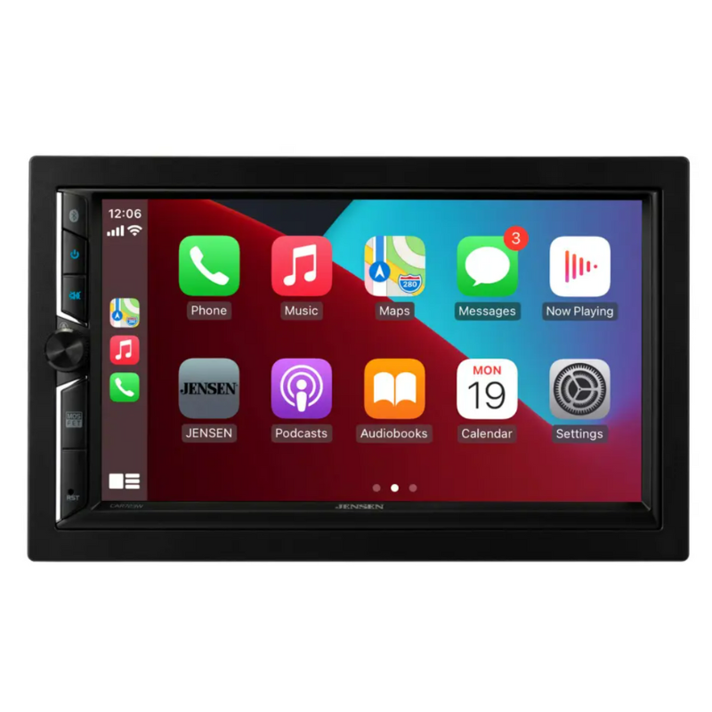 Jensen CAR723W-CAM 7-inch multimedia receiver front view with sleek black bezel.