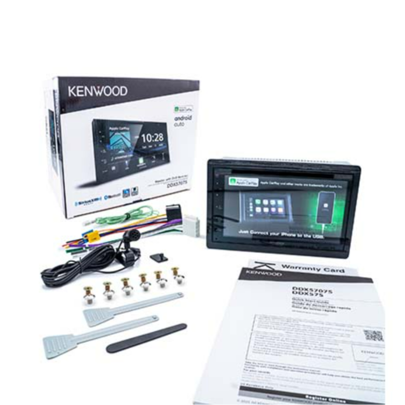 Kenwood DDX5707S showing entire packaging and accessories.