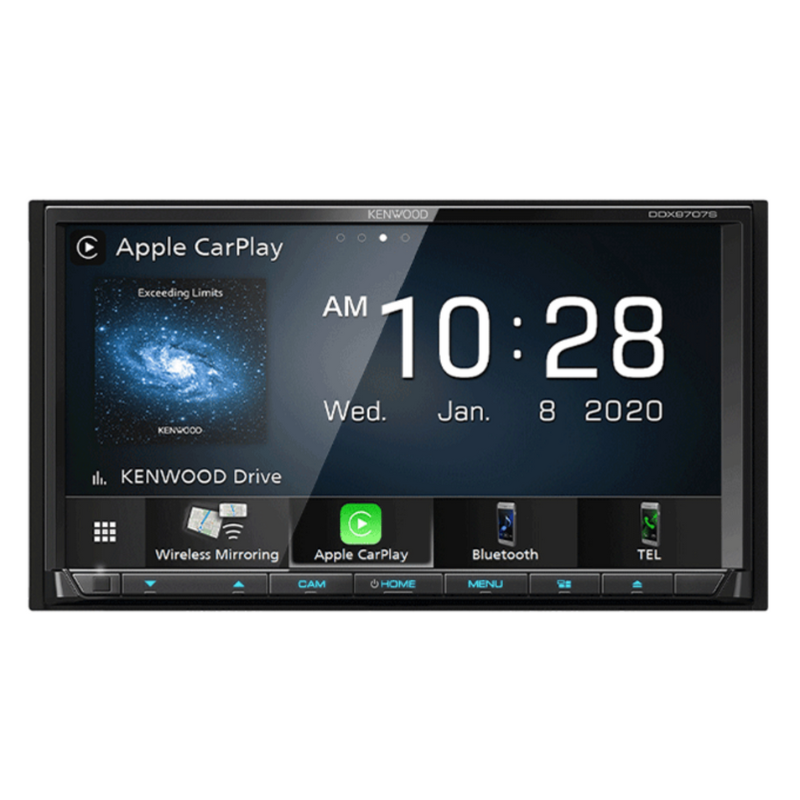 Close-up of capacitive screen showing touchscreen interface showing Apple CarPlay.