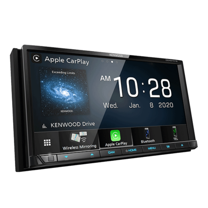 Angled side view with chassis and mounting frame showing Apple CarPlay.