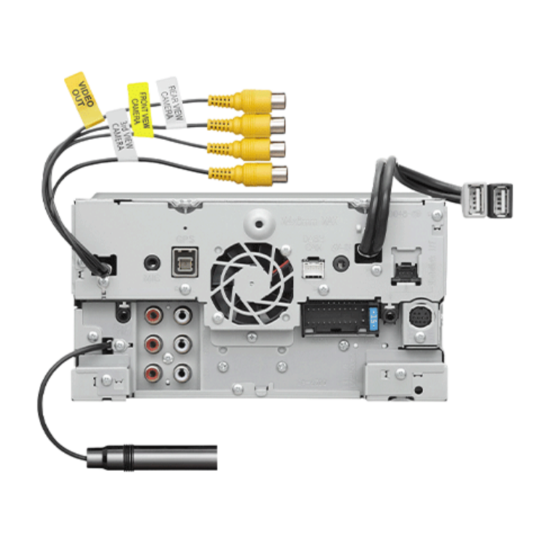  Rear connection panel with RCA preouts and camera inputs.