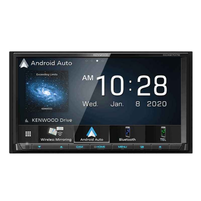 Kenwood DDX9707S front panel with active display and DVD slot.