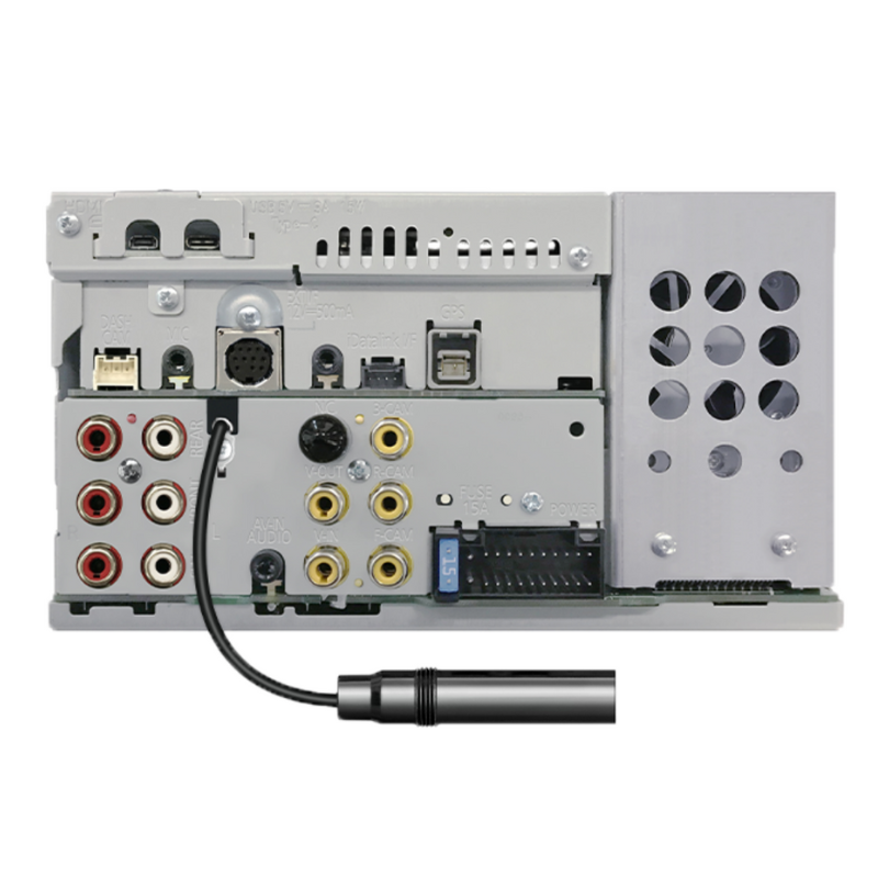 Close-up of rear ports including mic and pre-out connections.