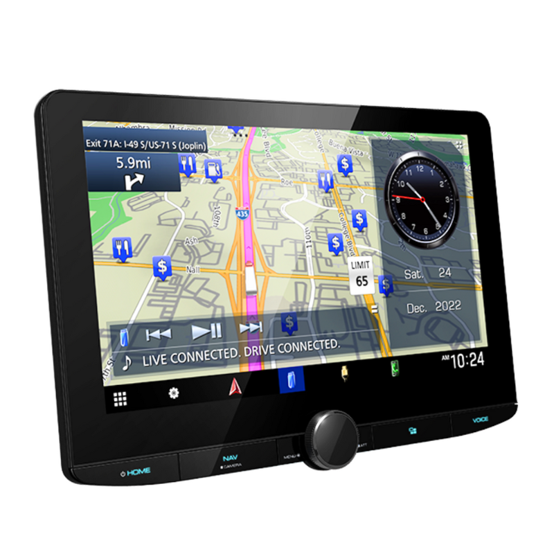 Head-on display showing navigation and CarPlay interface.