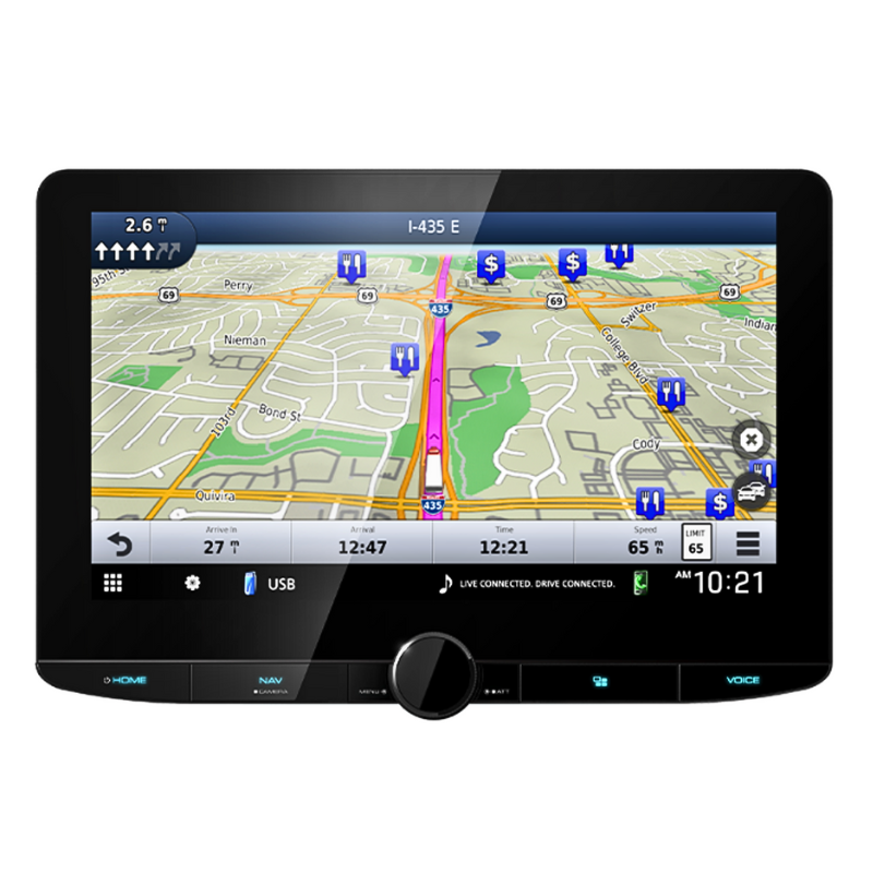 Kenwood DNR1008RVS front panel with floating 10.1" touchscreen.