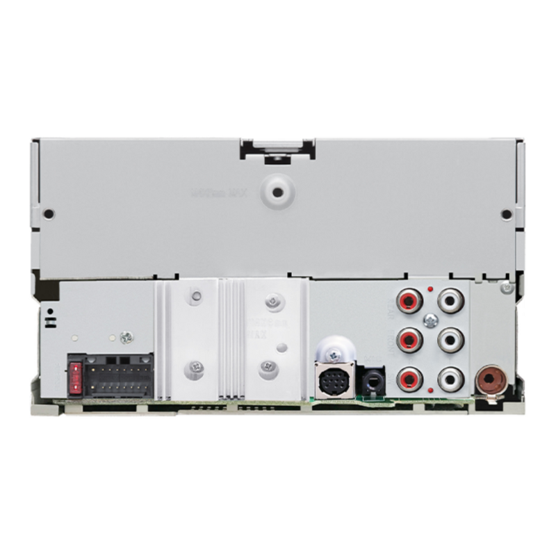 Rear panel showing RCA preouts, antenna input, and power harness.
